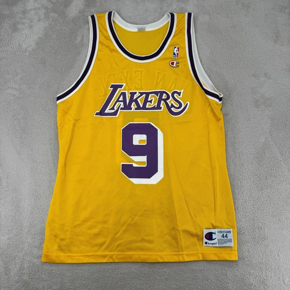 Vintage Champion Mens LA Lakers Nick Van Exel Jersey 44 Yellow Preowned Stains